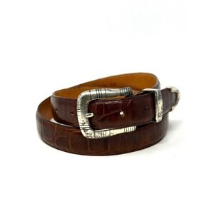Vintage 1992 Onyx Brown Crocodile Embossed Leather Western Belt Silver Buckle 34